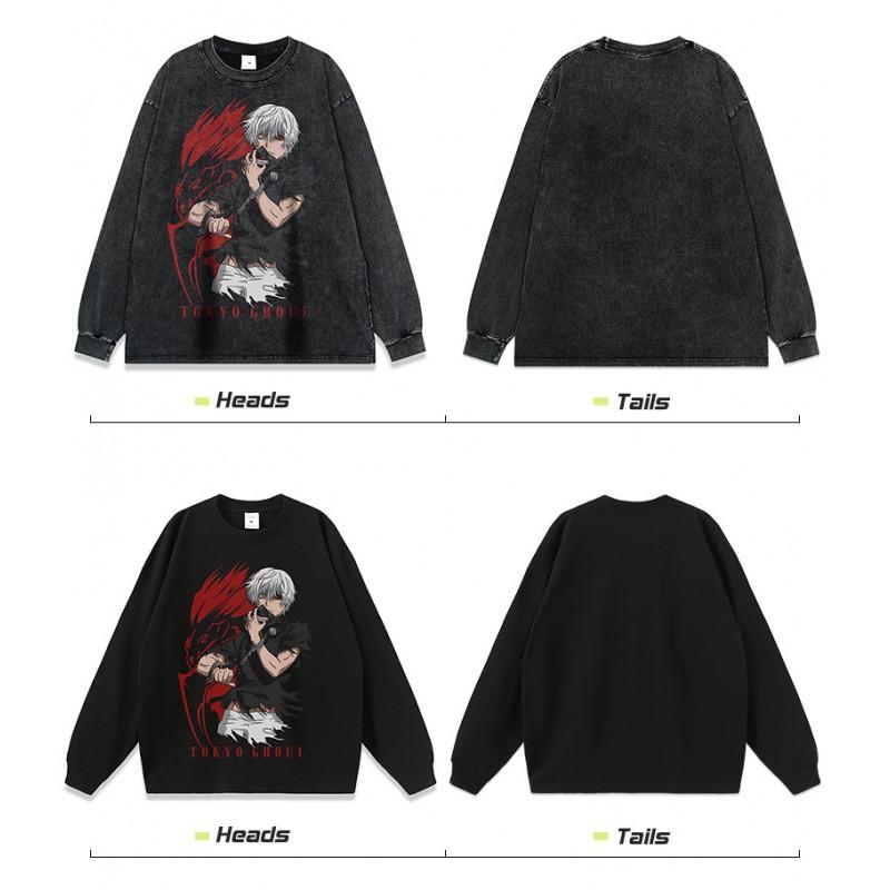 Unisex Oversized Hoodie With Japanese Anime Cartoon Print Washed Vintage Style Loose Fit Long Sleeve Cotton Sweatshirt