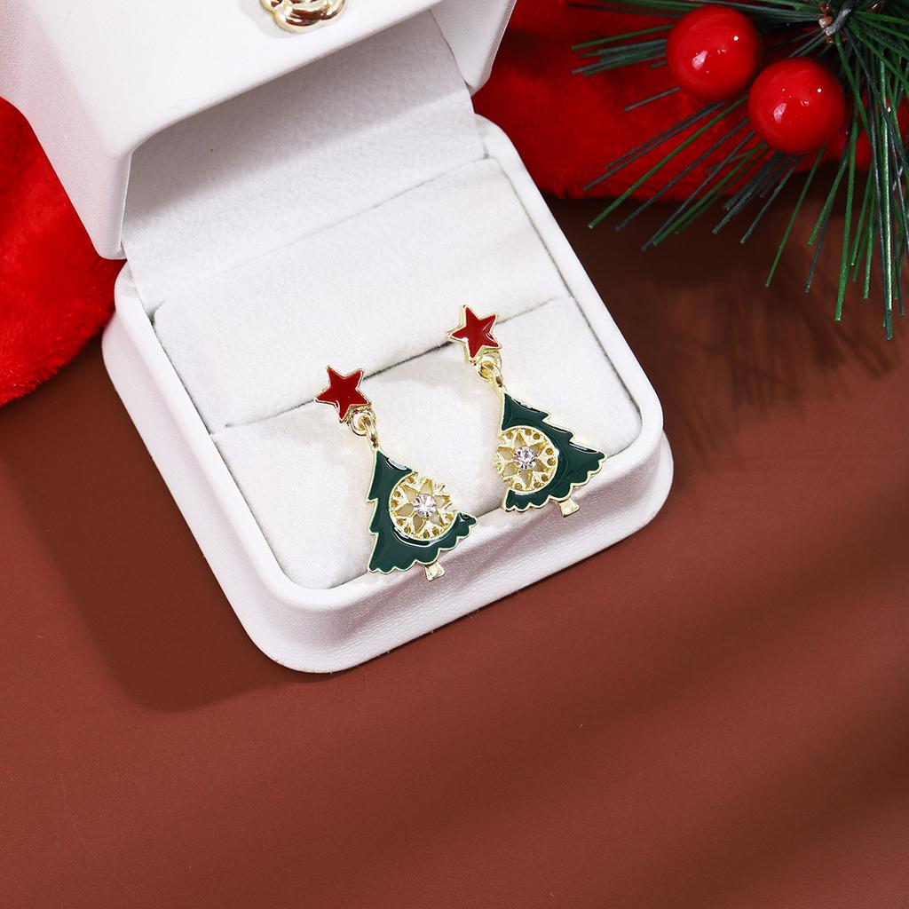 Christmas Star Hollow-Out Diamond-Encrusted Christmas Tree Stud Earrings, Niche Design Sense Contrasting Color Dripping Oil Fashion Earrings