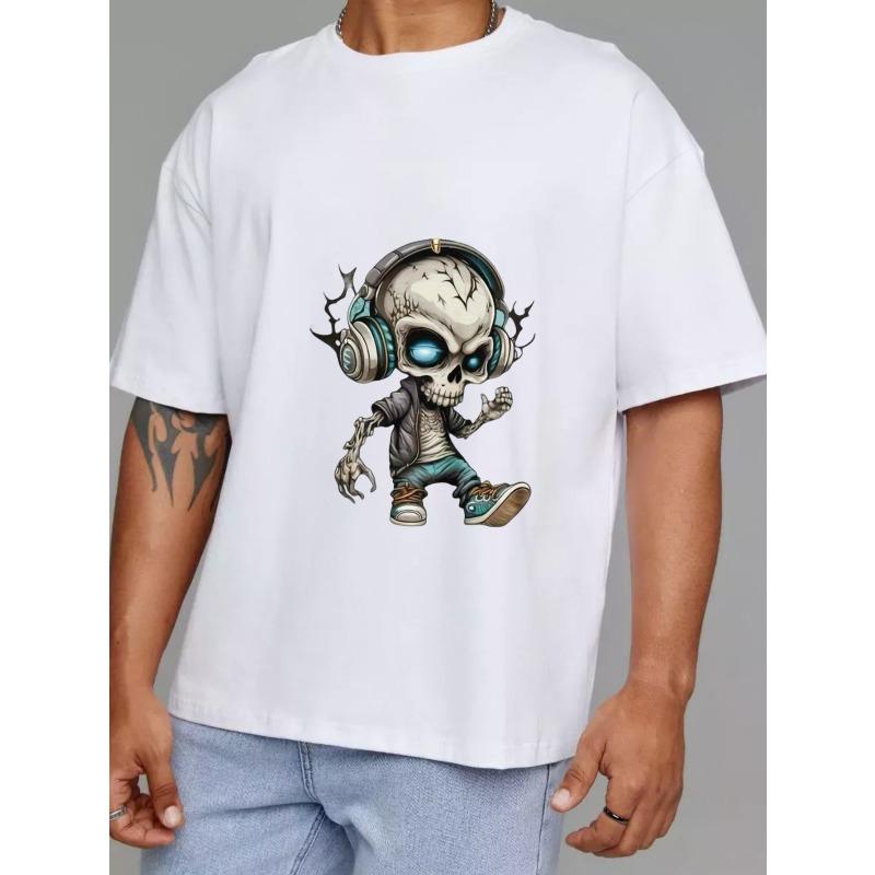 Cotton T Shirt White Skeleton with Headphones and Blue Eyes Cartoon Design for Casual Wear