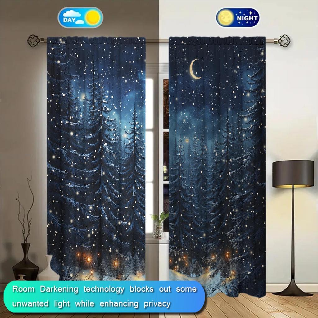 2 Piece Night Forest Snow Landscape Printed Curtains   Suitable for Gifting To Family and Friends   Semi Blackout Curtains