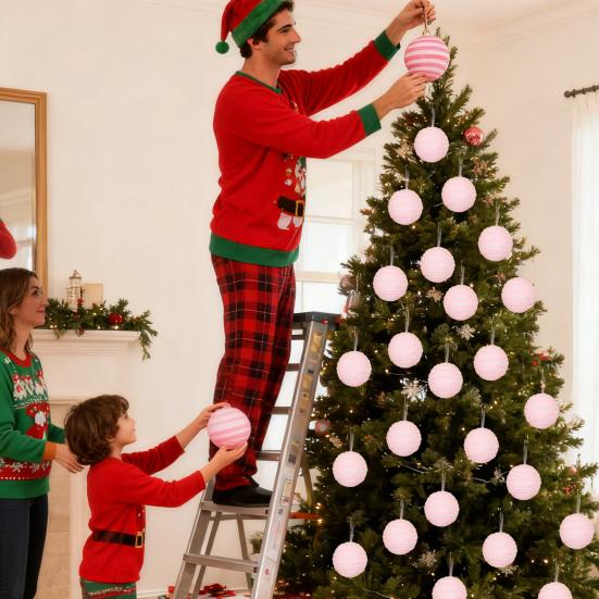 4Pcs Pink Christmas Balls Ornament Large Shatterproof Foam White Pink Stripe Hanging Ball Xmas Holiday Wedding Party Decoration