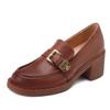 Fashion Women's New Spring and Autumn Round Head Genuine Leather Retro Mid Heel Large Metal Belt Buckle Oxford Single Shoes