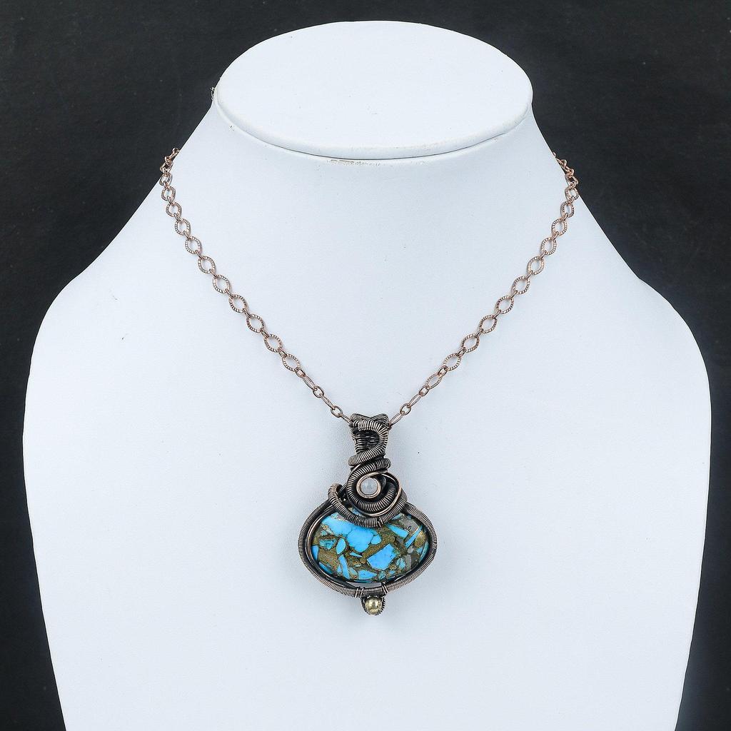 Kupfer Blauer Türkis Anhänger Kupferdraht gewickelter Schmuck Regenbogen Mondstein Anhänger Edelsteinschmuck zum Geschenk Handgemachter Kupferdraht Anhänger