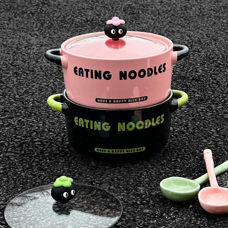 High-value Cartoon Instant Noodle Bowl with Lid, Snail Powder Bowl for Students In Dormitory, Special Bowl for Household Ceramic Instant Noodles