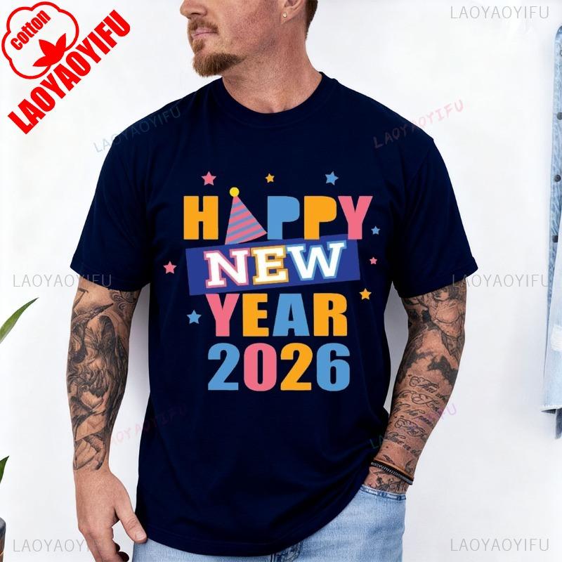 Happy New Year Colorful 2026 with Stars Adult TShirt Crew Neck Short Sleeve Cotton Top All Seasons Casual Fashion Comfortable