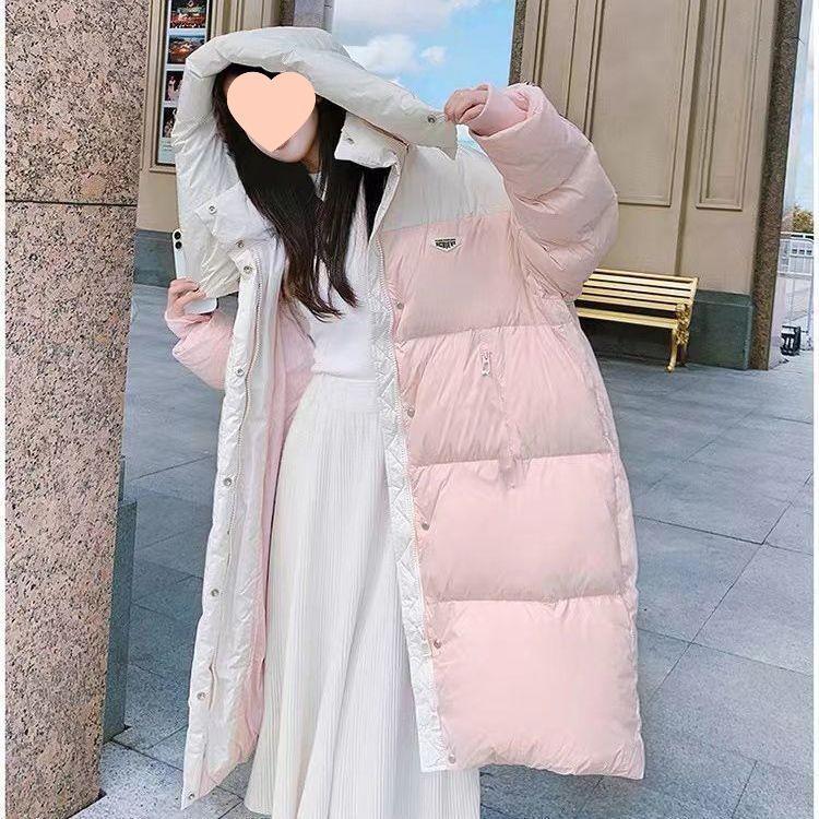 

Женская куртка миди большого размера на белом утином пуху 2025 - Толстое зимнее пальто до колена в корейском стиле M (Recommended for 120-150 lbs) белый/розовый