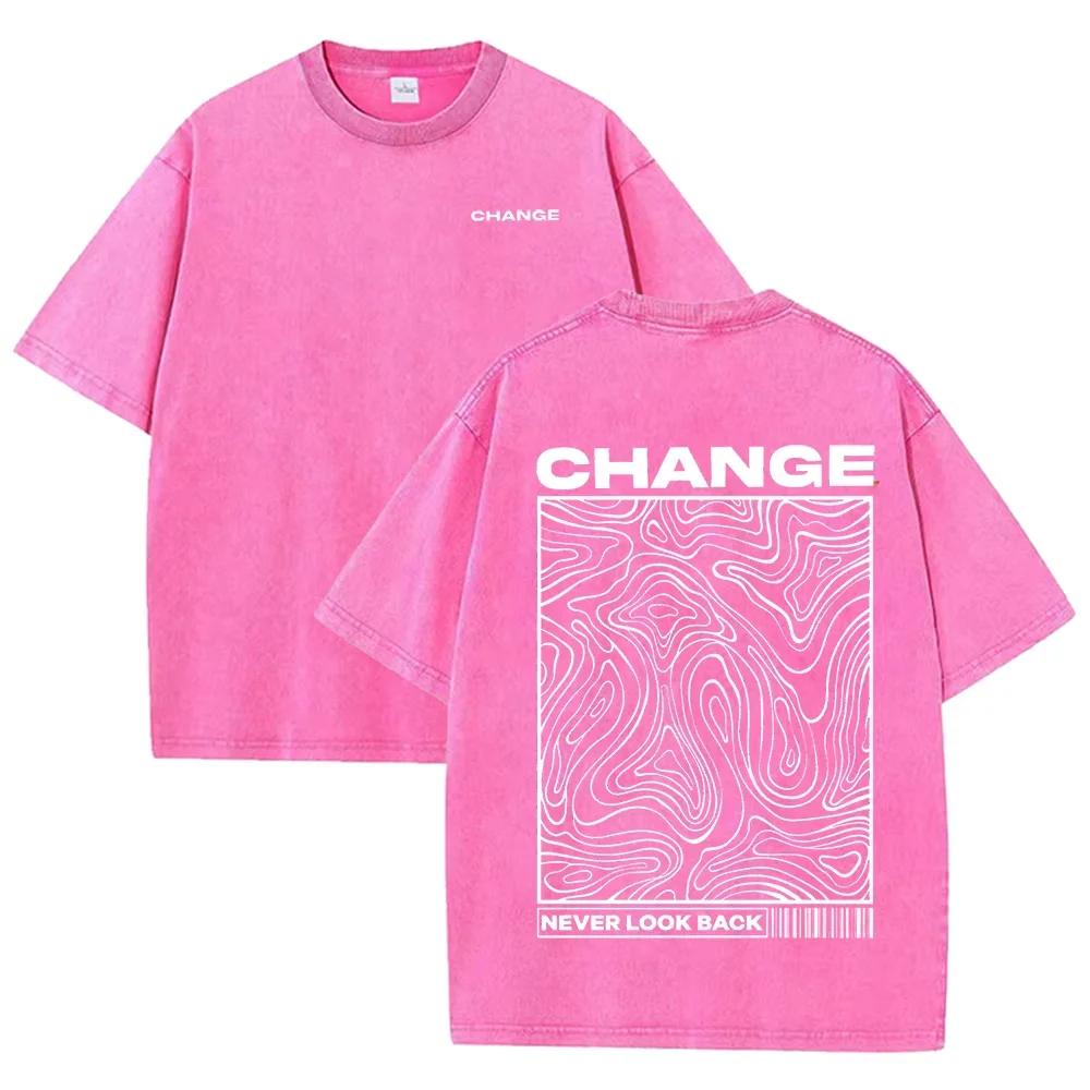 "CHANGE" Topographic Line Art Print Vintage Washed Beige Casual Graphic T Shirt