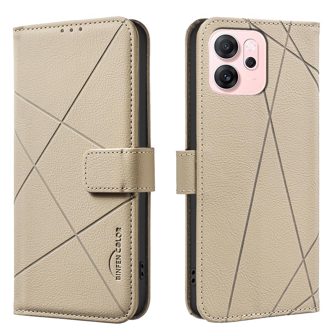 

For Oppo Reno14 F 5G Case BINFEN COLOR BF35 Geometry Imprinted Leather Phone Cover RFID Blocking Wallet Stand Beige