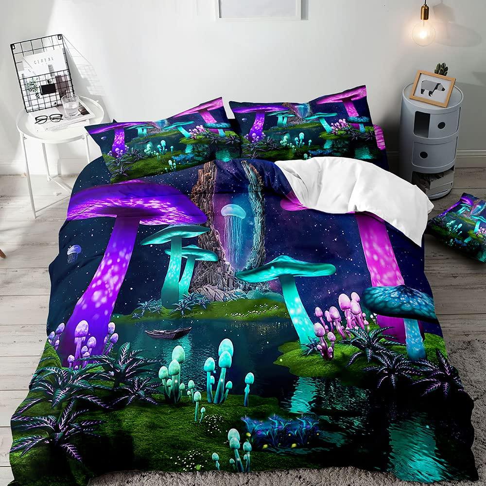 Trippy Mushroom Duvet Cover Set,Hippie Skull Bedding Set,Butterfly Moth Moon Phase Constellation Astrology Botanical Boho Theme