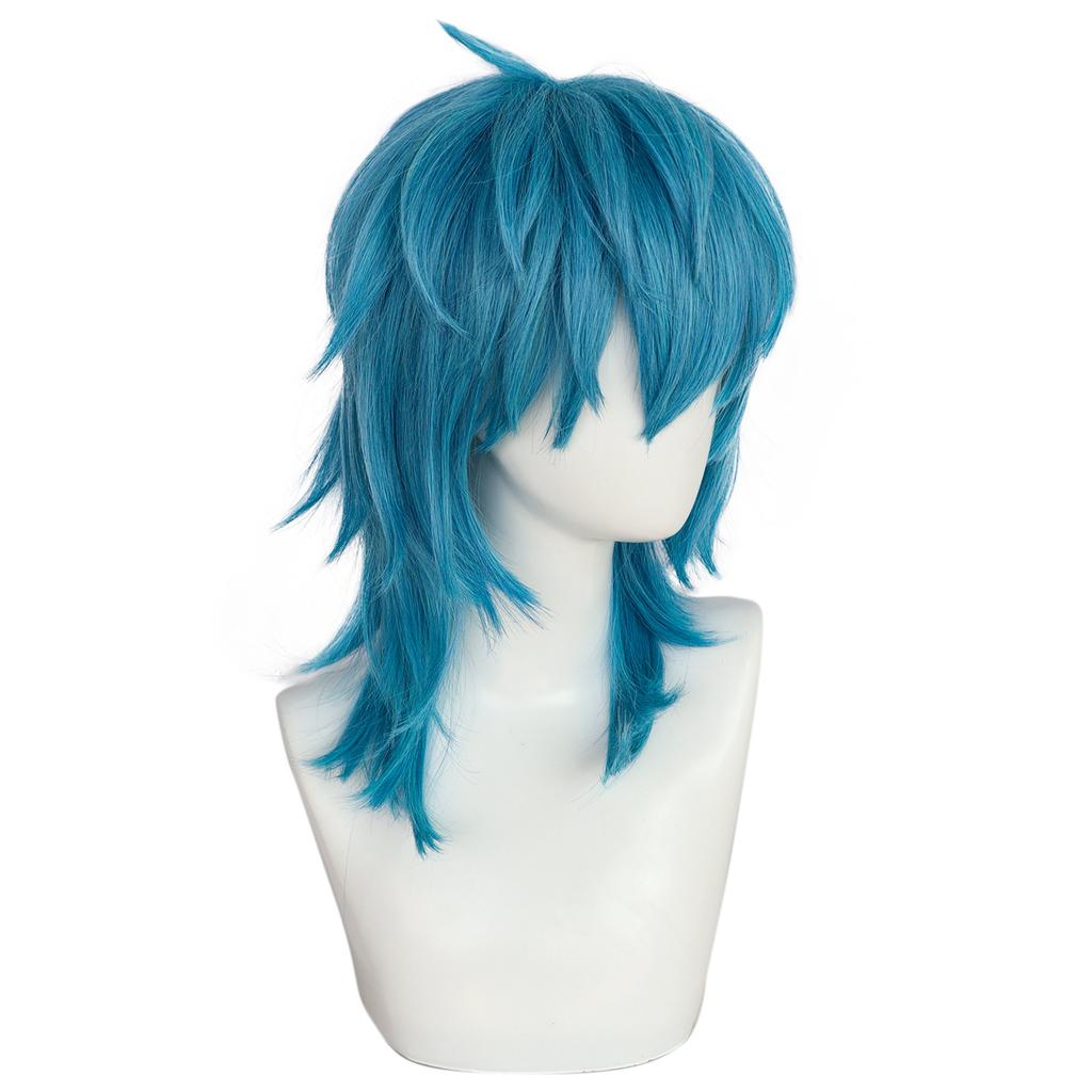 Synthetic Medium Length Straight Blue Sally Face Cosplay Wig for Halloween Carnival Comic Exhibition