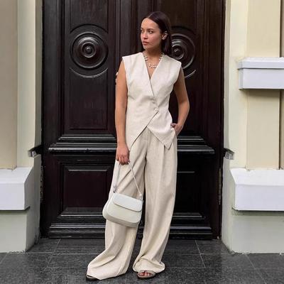 Women's Cotton and Linen Vest Wide Leg Pants Set Solid Color V-neck Sleeveless Design Pleated Pants Women's New Summer Lady Leisure Style Set