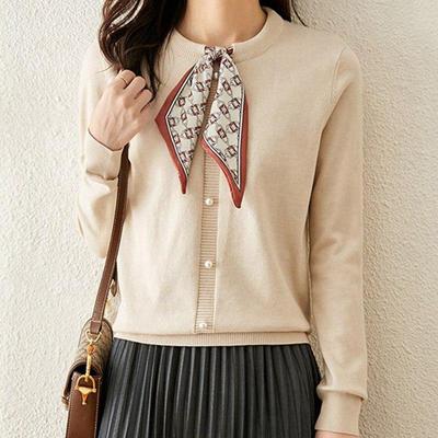 Damen Herbst Strickjacke Pullover Seidenschal O-Ausschnitt Volle Ärmel Einreihig Bodenbildung Einfarbig