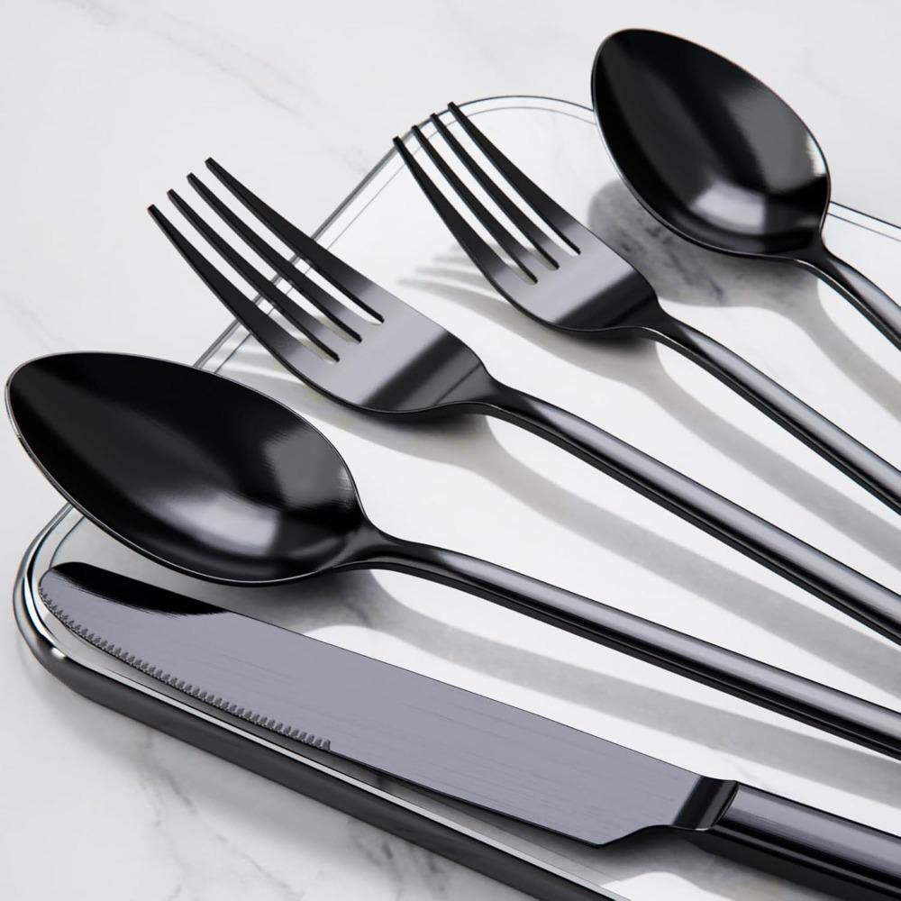 Black Silverware Set Stainless Steel Flatware Western Tableware Mirror Cutlery Knife Fork Spoon Dinnerware Kitchen Utensils