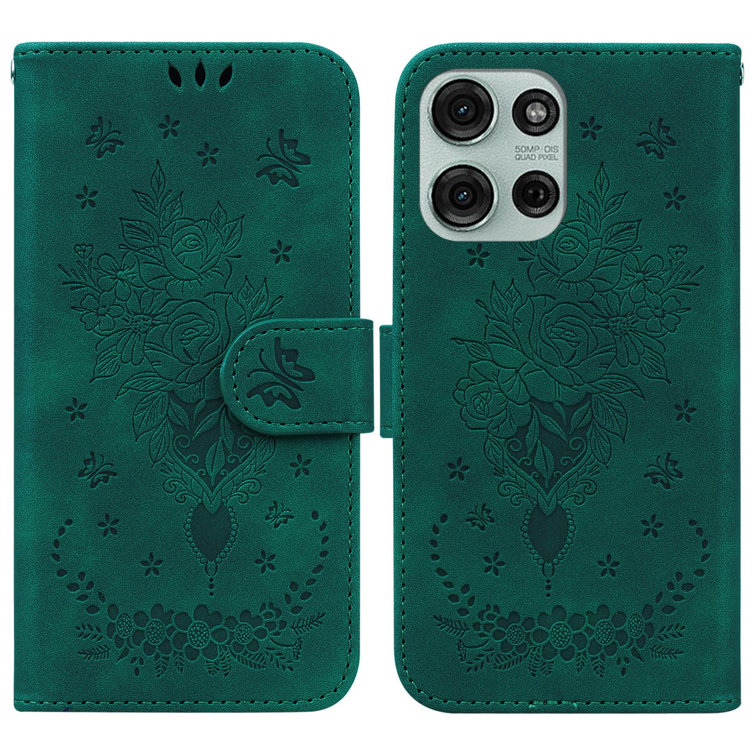 

For Motorola Moto G75 5G Case PU Leather Wallet Phone Cover Butterfly Flower Imprint Green