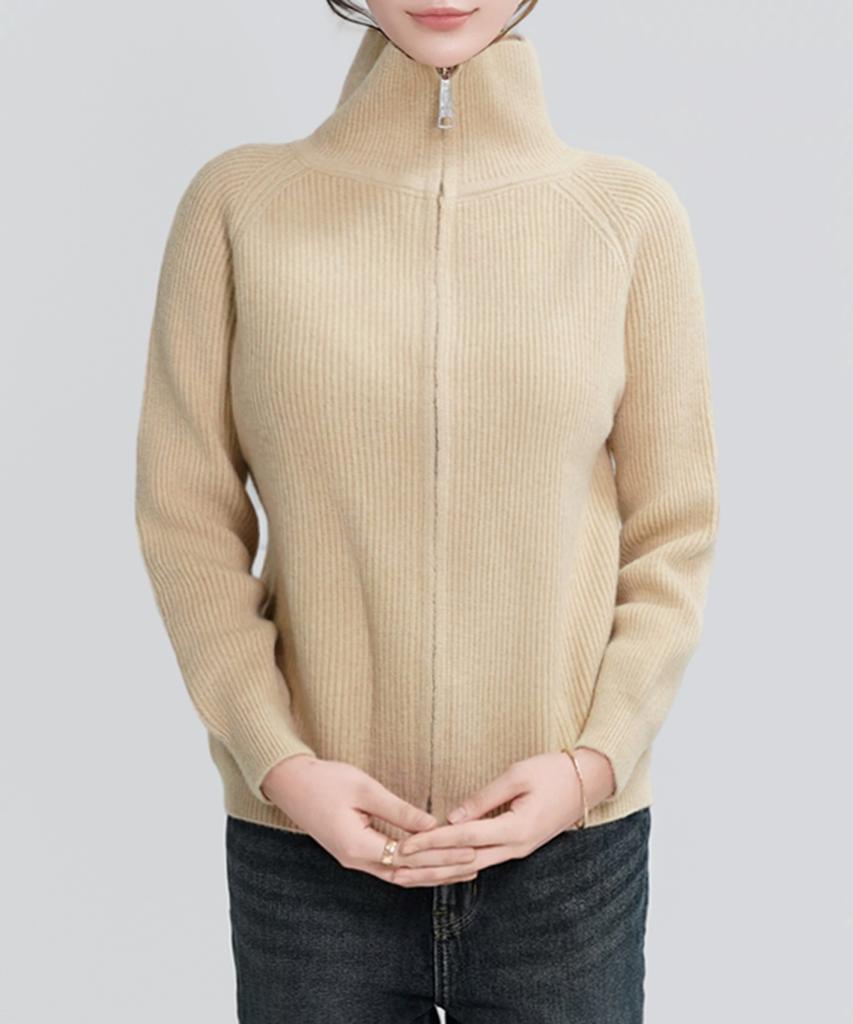 Keulleiseu Mono Zip-Up Knit Sweater_Beige