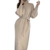 Women's Turtleneck Sweater Midi Dress Button High Neck Long Sleeve Dress Fall Ribbed Knit Long Dress with Belt