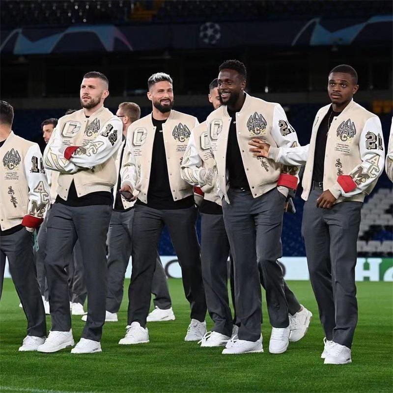Tide Brand AC Milan Embroidered Leather-Sleeve Versatile Baseball Jacket