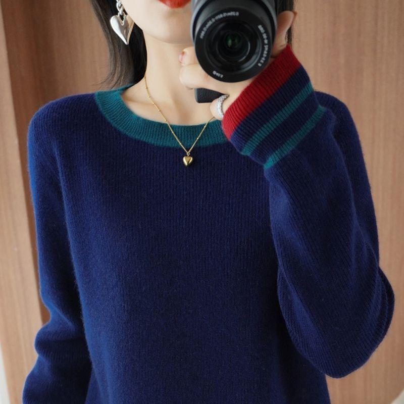 Round-neck Sweater Loose Korean-style Plus-size Pullover Fashionable Solid-color Loose Knitted Sweater Long-sleeved Top for Autumn and Winter