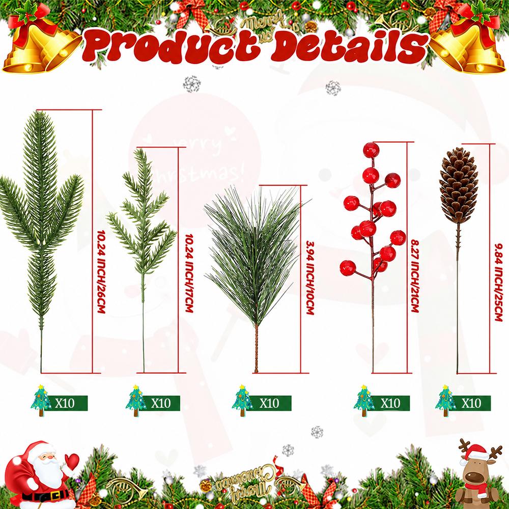 50Pcs Christmas Artificial Pine Branches Red Berry Stems Pine Cones Pine Needles for DIY Craft Garland Wreath Xmas Home Decor