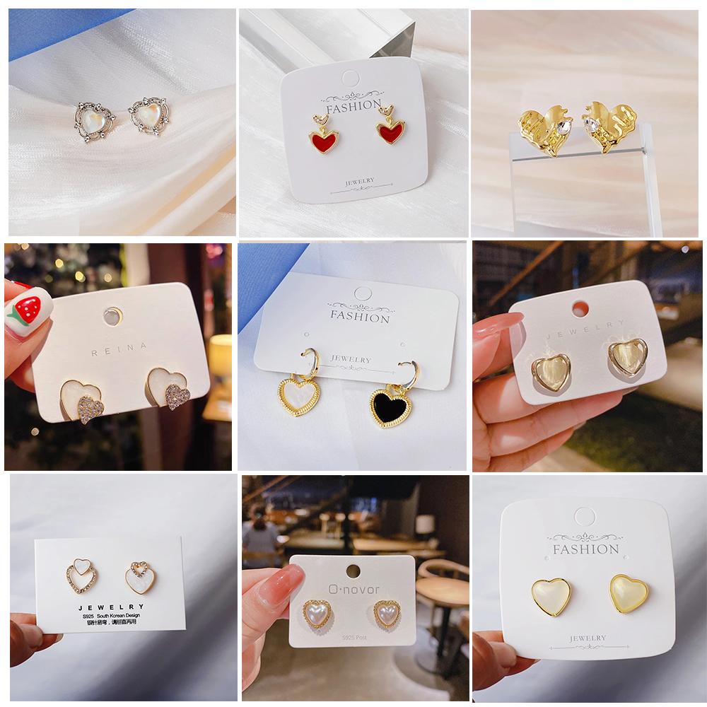 Cute Korean Earrings Love Heart Bling Crystal Stone Rose Gold Stud Earrings for Women Korean Jewelry Gift