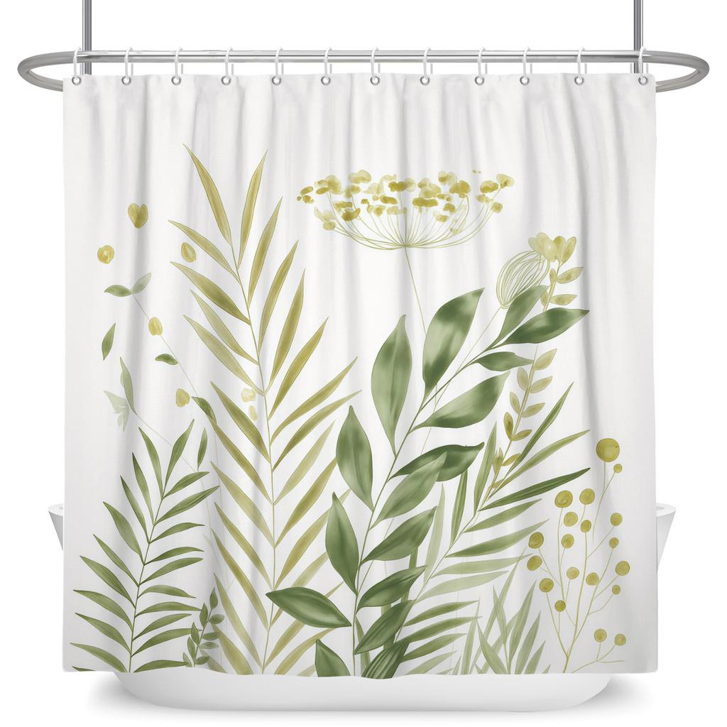 Watercolor Green Leaf Shower Curtain Floral Plant Botanical Print Waterproof Bath Curtain For Bathroom Decor Polyester With Hook