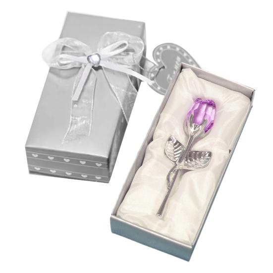 Faux Crystal Rose Flower Gift with Metal Stem Clear Flower Figurine with Gift Box