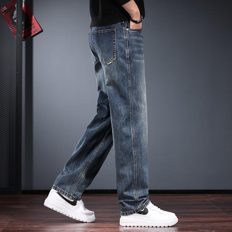 Jie Leinuo Men's Loose Straight-Leg Washed Jeans