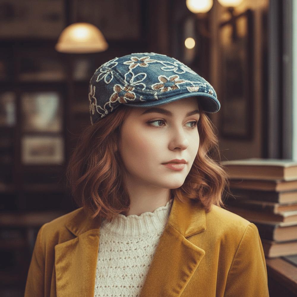 Ethnic Style Embroidery Flower Forward Hat Y2k Glitter Beret Casual Cadet Cap  Outdoor