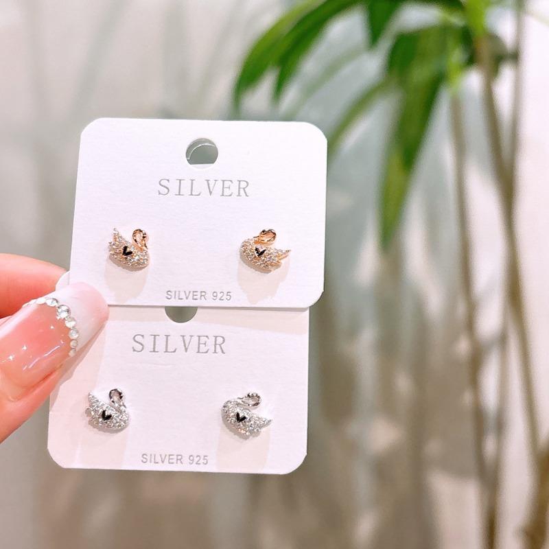 Kolczyki Łabędzie wysadzane diamentami Kobiece Kompaktowe Kolczyki Lekki Luksus Niszowy Design Koreański Styl Nowy Styl