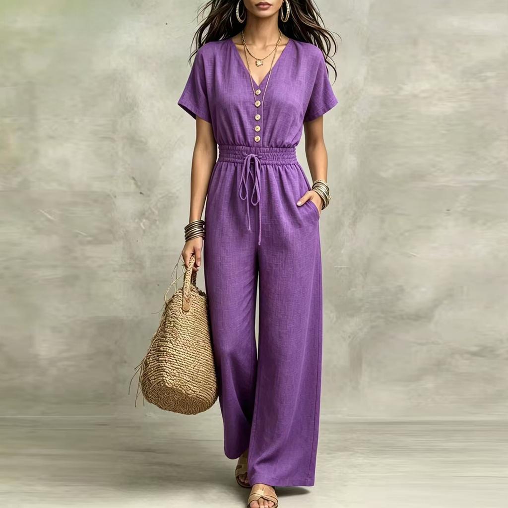 Women's V Neck Button Front Waist Belted Jumpsuit for Casual Wear
