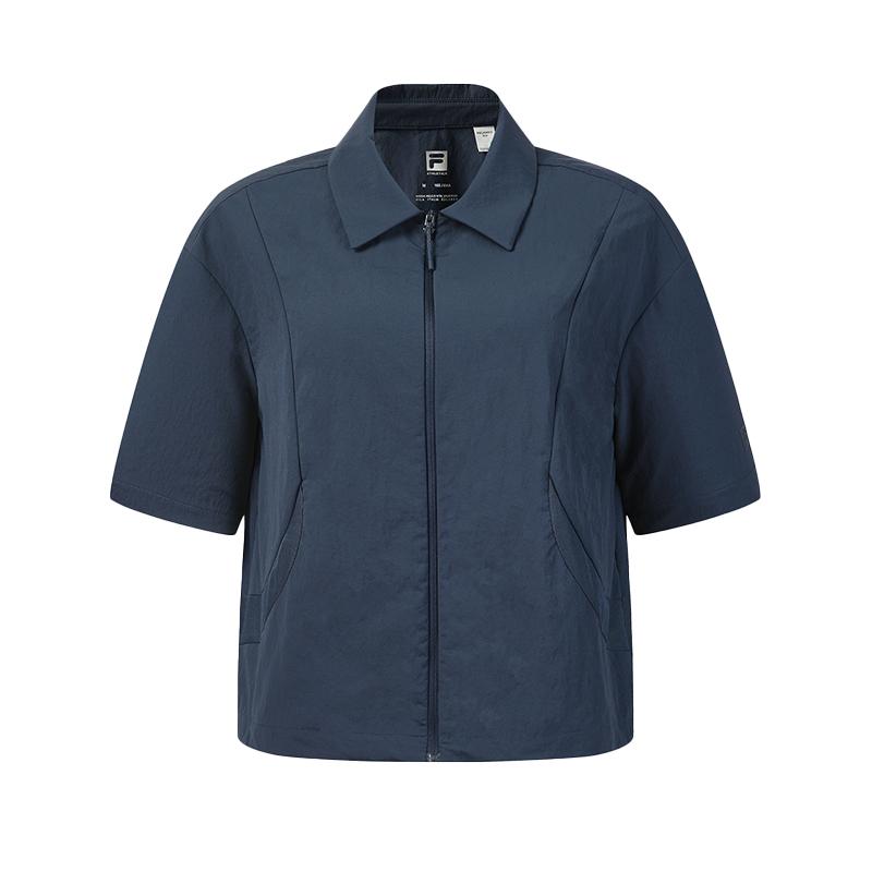 FILA Explore Minimalist Classic Casual Outdoor Versatile Woven Short Sleeve Shirt Women shirts Midnight-Blue A11W627401FNV S