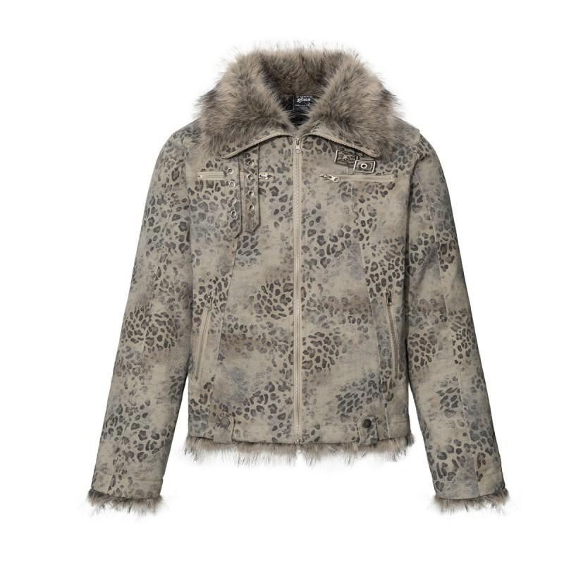 Mens Winter Faux Fur Collar Cotton Puffer Jacket Loose Fit Streetwear Leopard Print Warm Coat