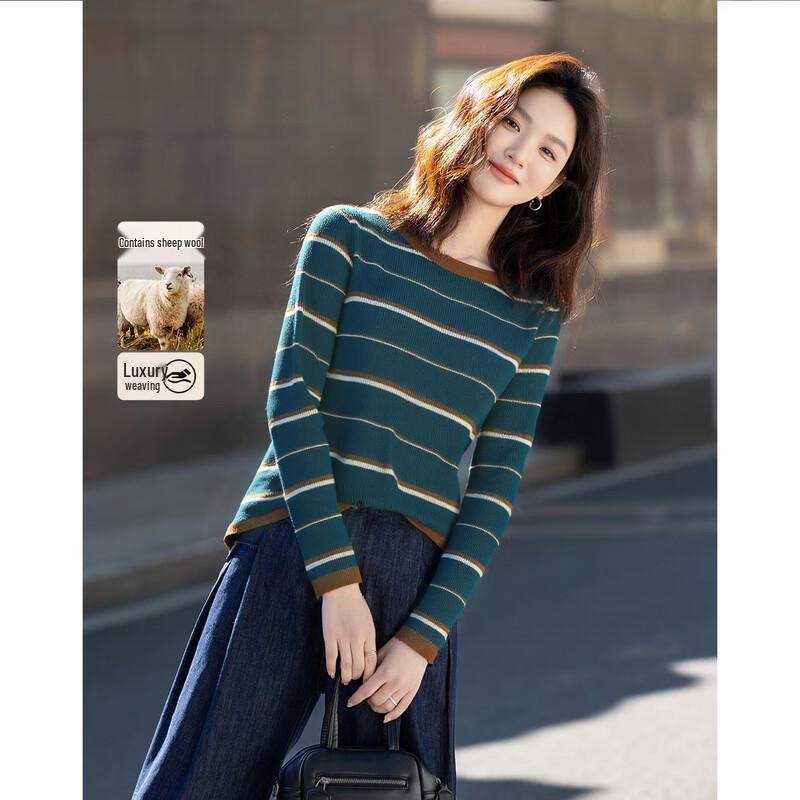 Women's Autumn Striped Slim-fit Knit Sweater with Merino Wool Blend