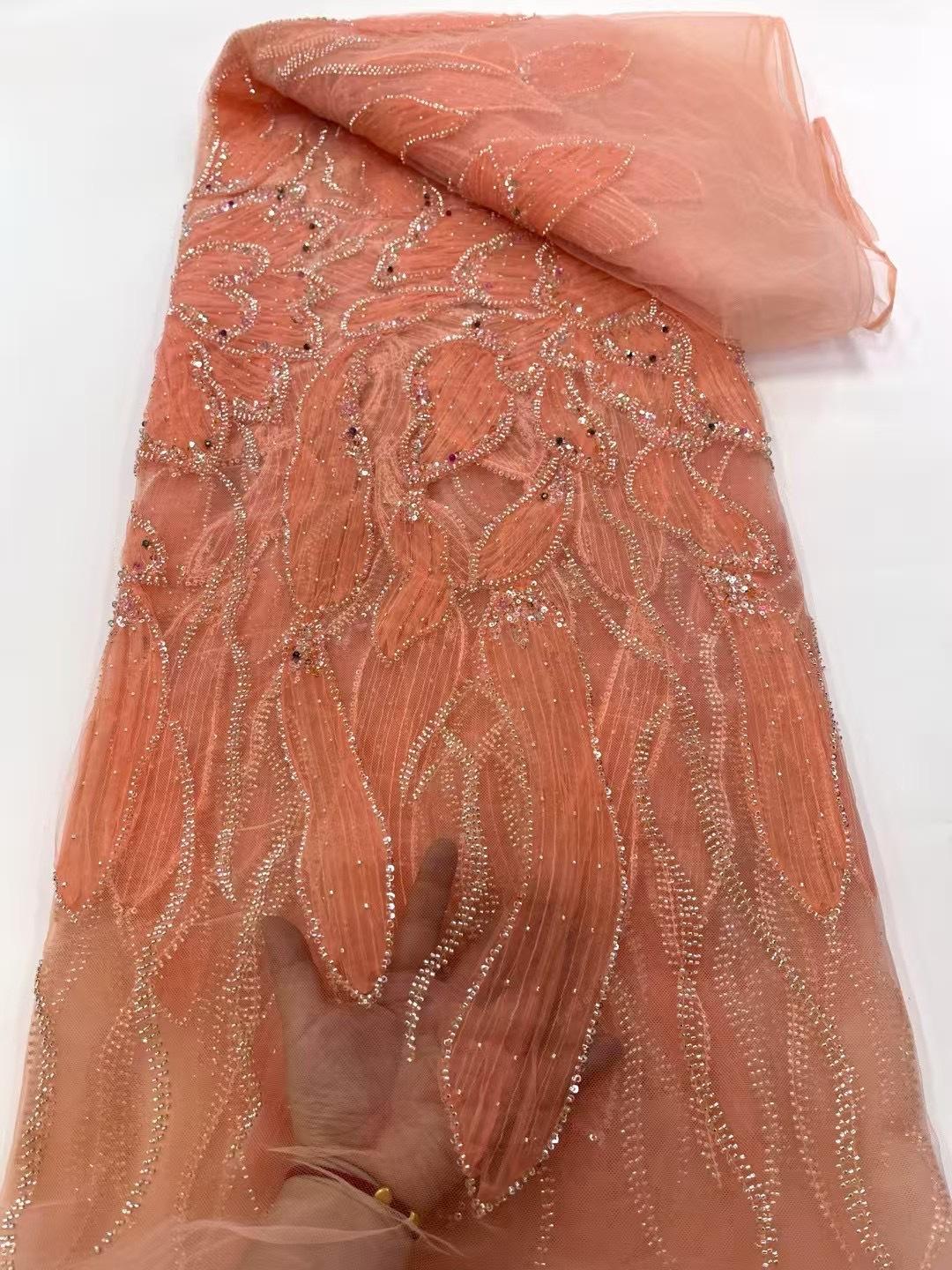 

African Lace Fabric Sequins Beaded Embroidery Groom Nigerian Bridal High Quality French Tulle Lace Fabric for Wedding Fabric 5yard помаранчевий