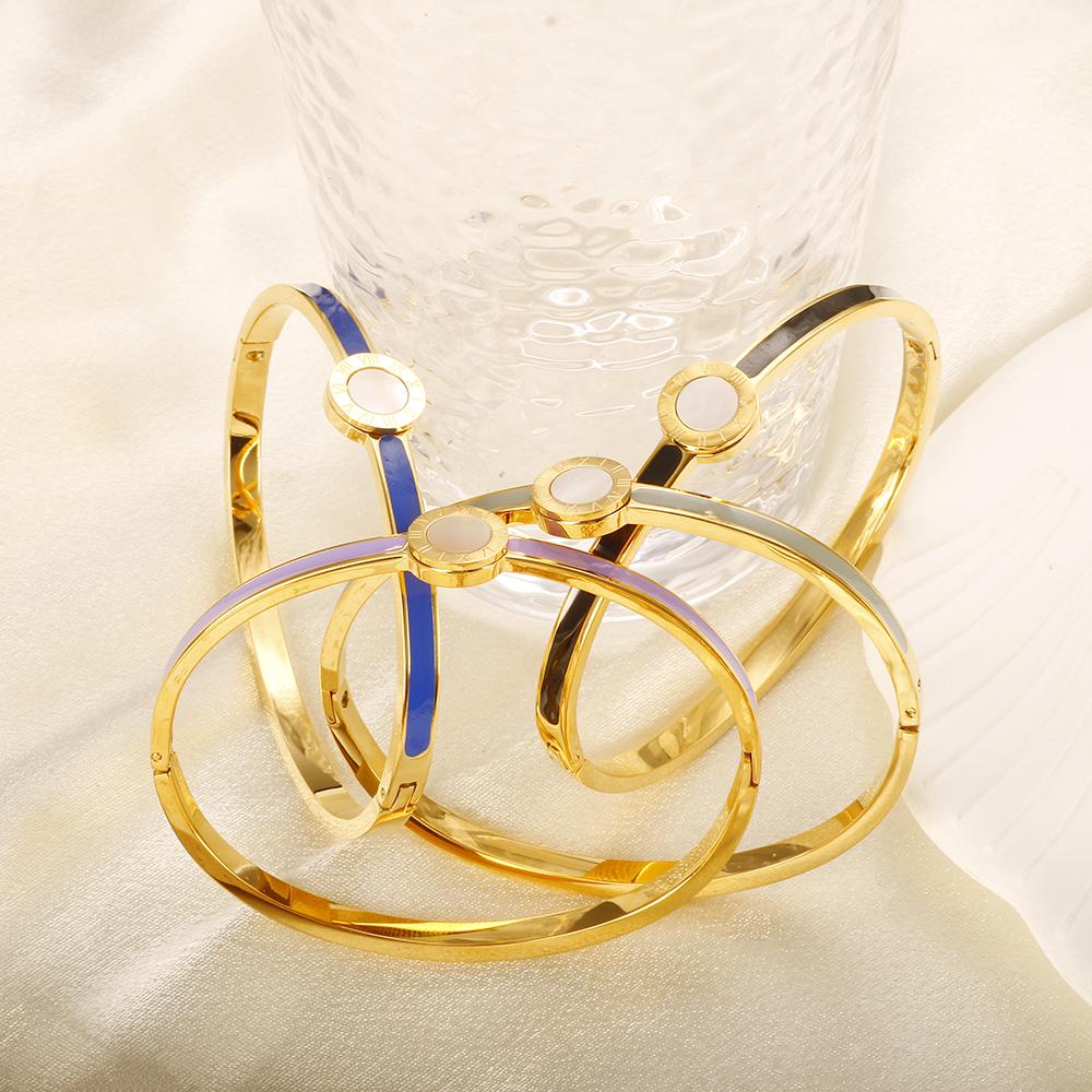 Popularity Stainless Steel Colorful Sweet Enamel Shell Bangle for Women Round Roman Numerals Bracelet Waterproof Trendy Jewelry