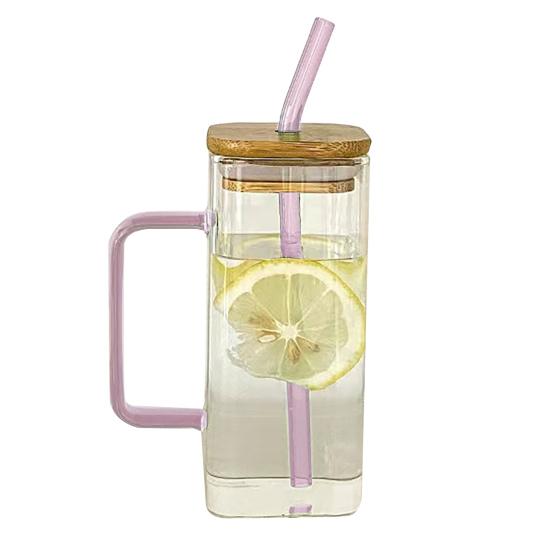 Square Glass Tumbler with Handle And Lid 380ml Transparent Coffee Cup Portable Tea Milk Jar for Hot Cold Drinks