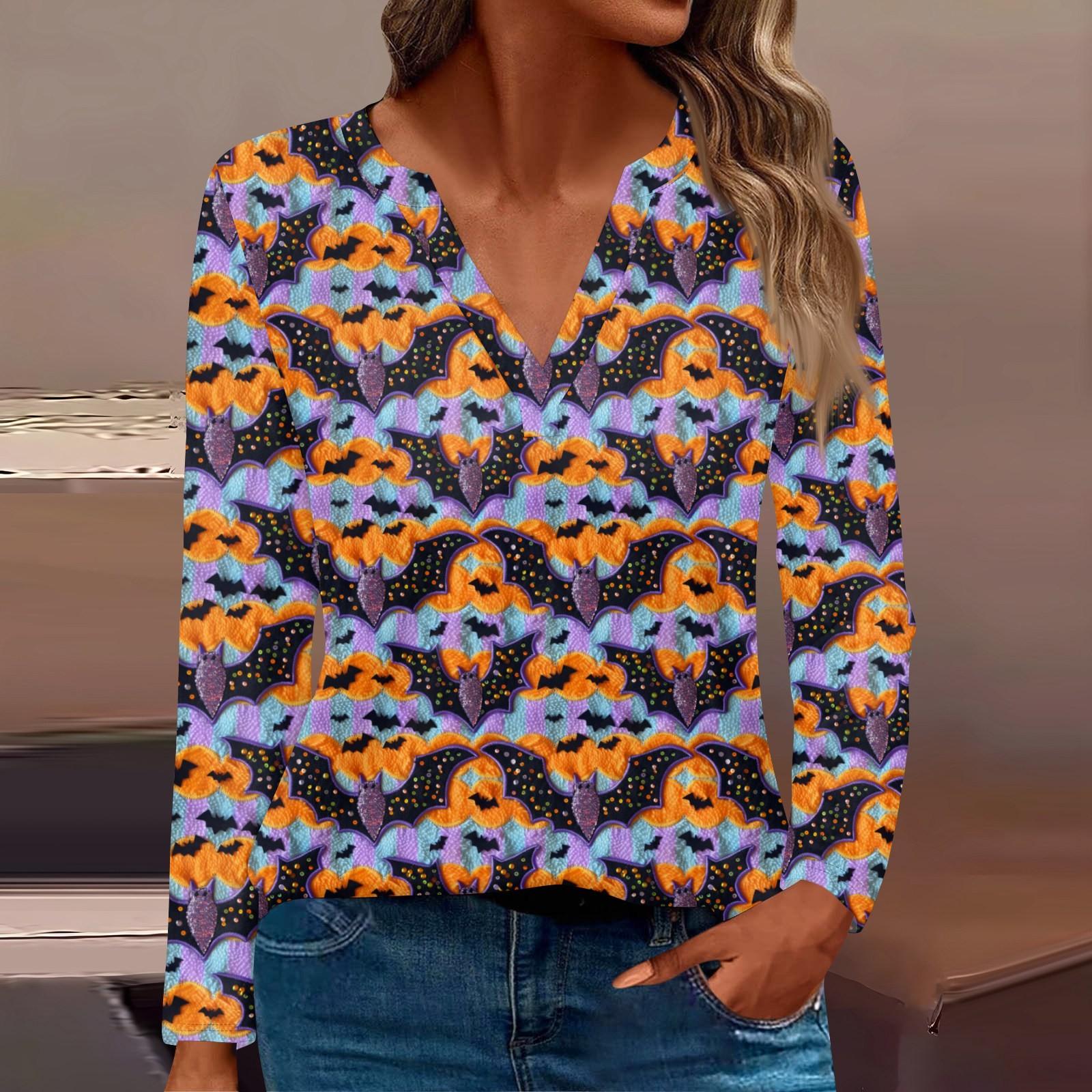 

Женская мода с длинным рукавом V-образным вырезом и принтом на Хэллоуин в стиле кэжуал XL