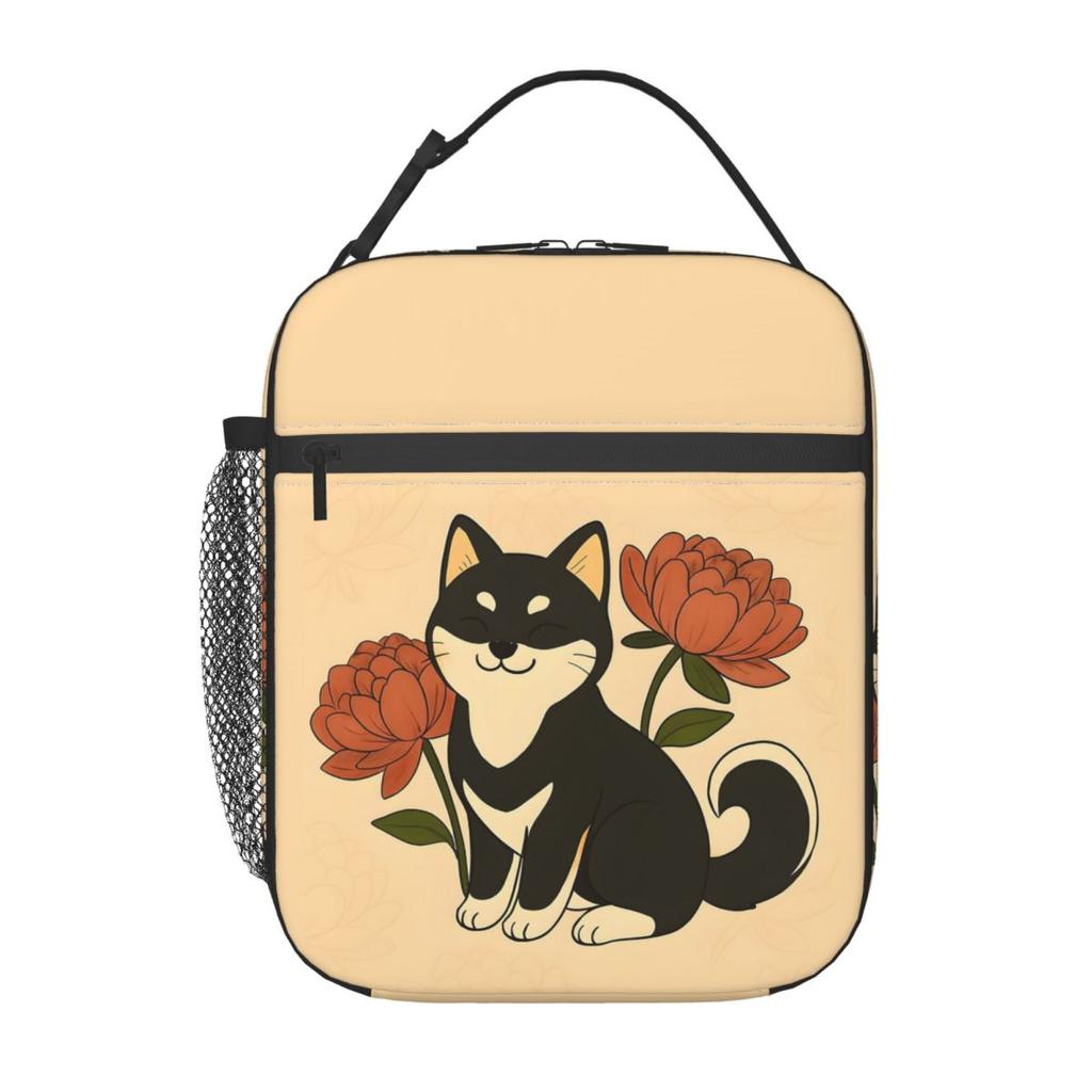 Black Brown Shiba Inu Dog And Flowers Insulated Lunch Bag for Women Kids Portable Food Boxes Thermal Lunch Box Tote