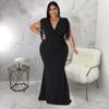 Plus Size Fringe V Neck Maxi Dress Long Sleeve Mermaid Gown Curvy Bodycon Fishtail Long Dress Sexy Tassel Shoulder Evening Party Formal Wedding Gown
