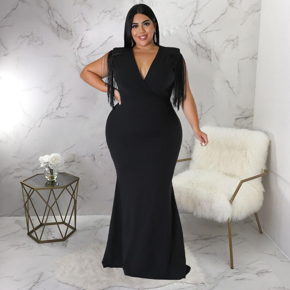 Plus Size Fringe V Neck Maxi Dress Long Sleeve Mermaid Gown Curvy Bodycon Fishtail Long Dress Sexy Tassel Shoulder Evening Party Formal Wedding Gown