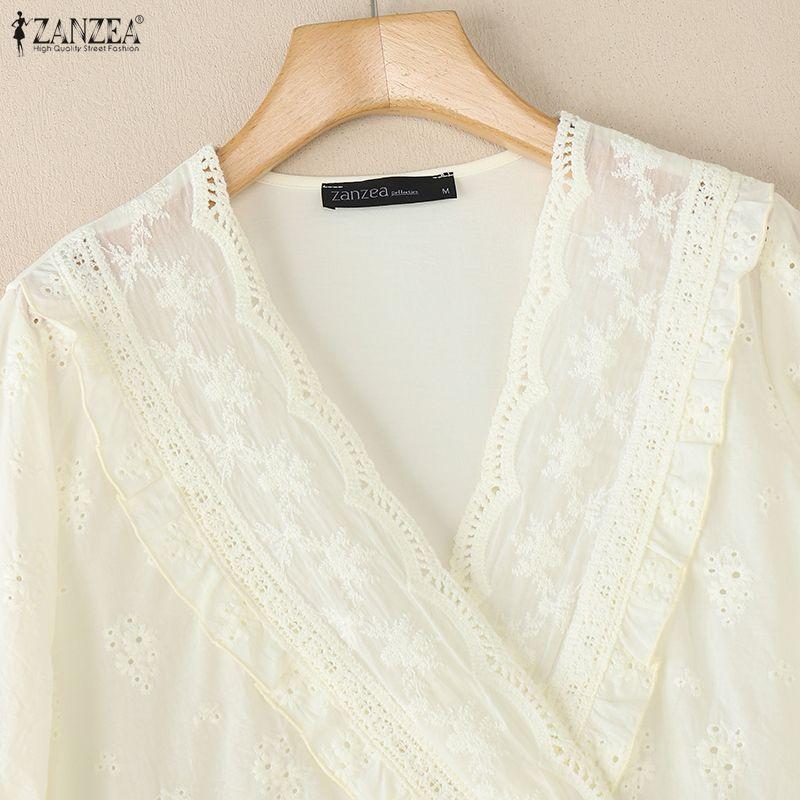 ZANZEA Women Casual V Neck Long Sleeve Crochet Patchwork Loose Blouse