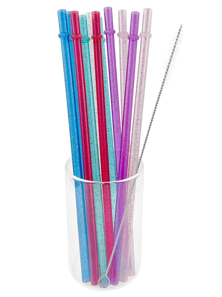 12pcs Reusable Random Color Clear Plastic Glitter Straws, 23CM Extra Long Tumbler Straws for Cups,Plus Cleaning Brush