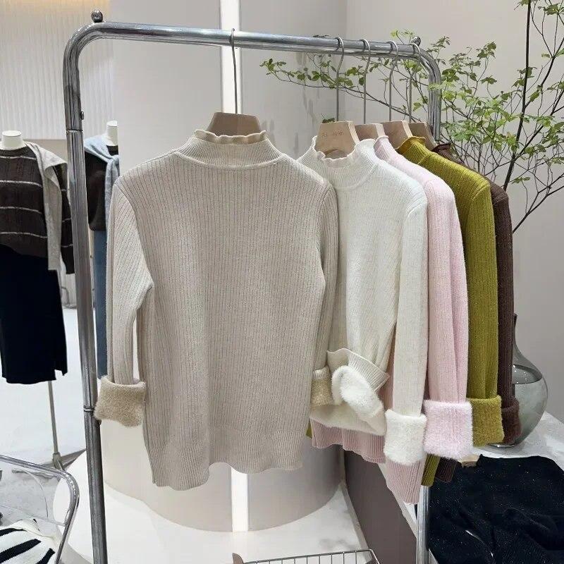 Autumn And Winter Thick Plush Velvet Sweaters Women Half High Collar Lace Knit Jumper Sweater Casual Solid Warm Pullovers 29787