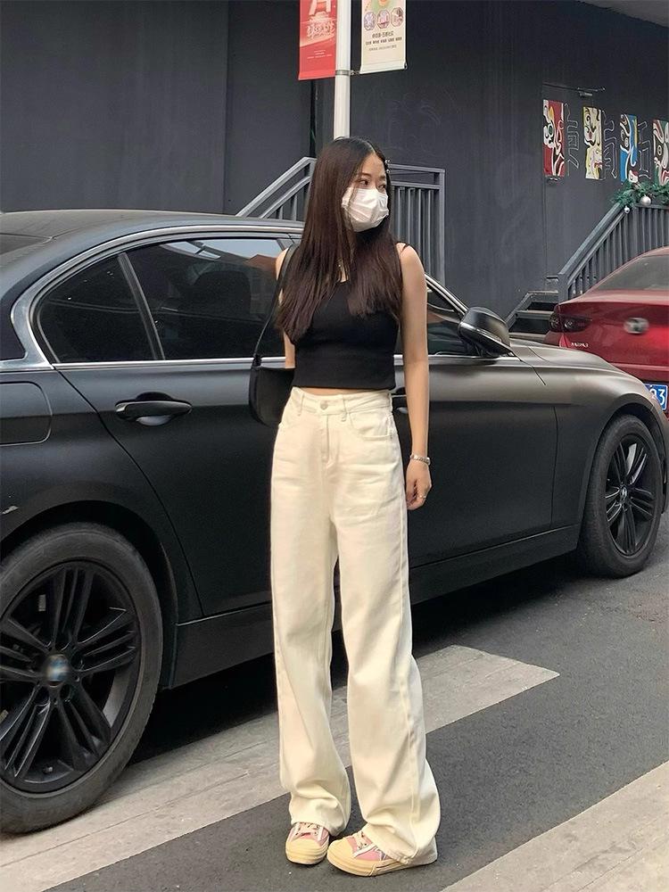 Spring 2025 Women s High-Waist Off-White Straight-Leg Jeans - Loose Fit, Slimming Drape, Wide Leg XL