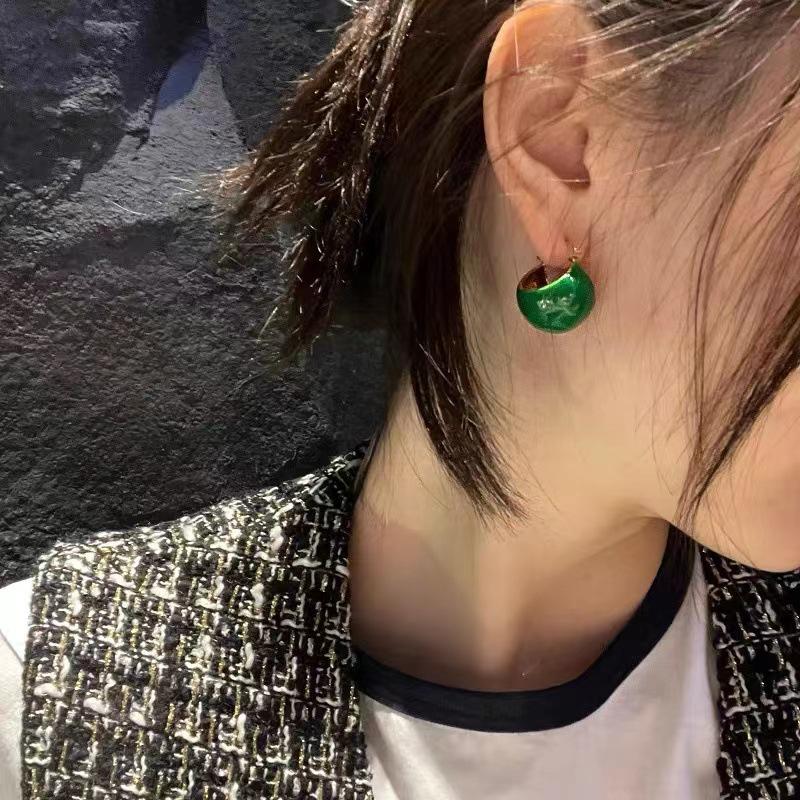Vintage Green Enamel Ear Cuffs | Women's Luxury High-End Earrings | Retro Chic White Studs