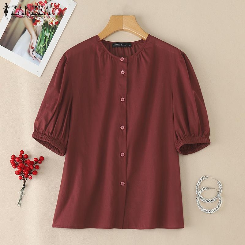 

ZANZEA Женская блузка с коротким рукавом на пуговицах, полупрозрачная, повседневная, однотонная 3XL красный