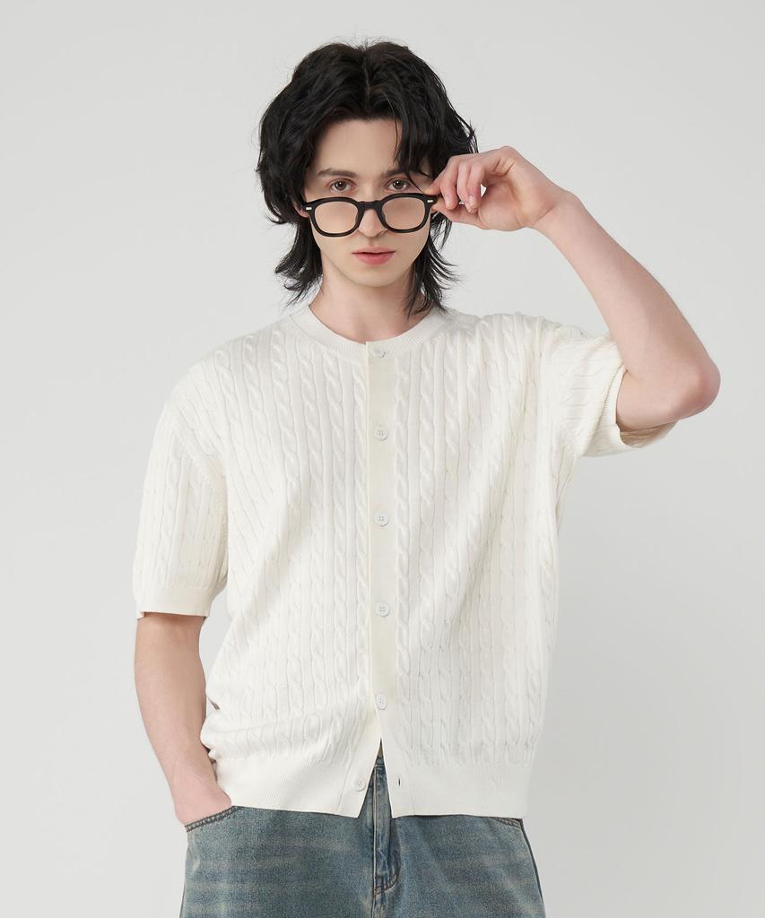 UNTAPPED STUDIO Washable Cool Cotton Cable Short Sleeve Round Button Knit 3 Colors