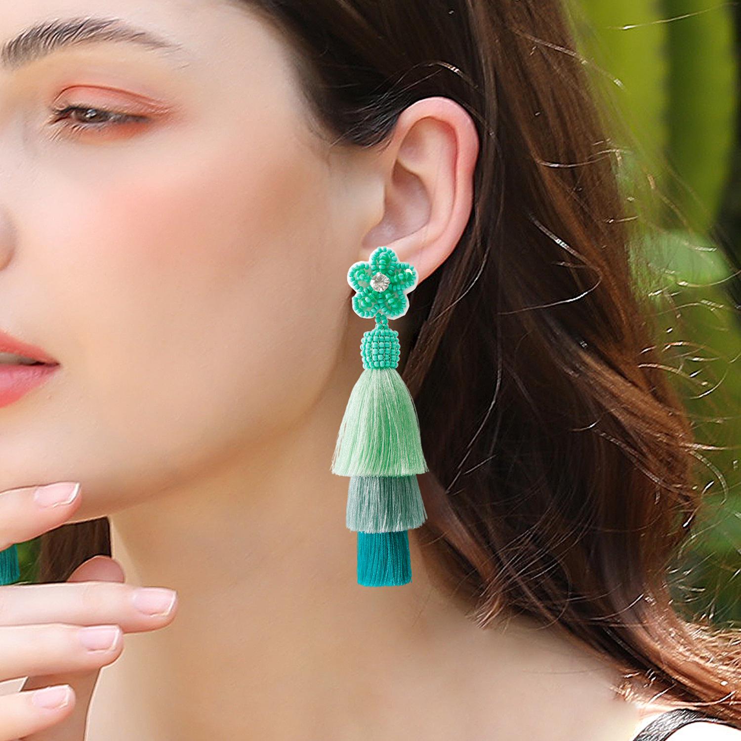

Handcrafted Bohemian Floral Tassel Stud Earrings with Seed Beads