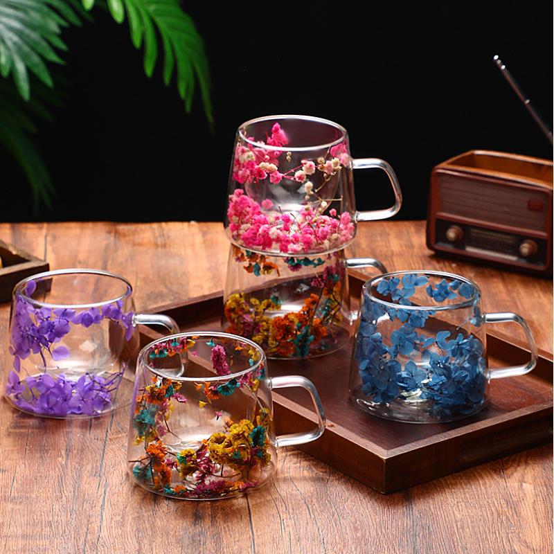 200ML Double-layer Glass Transparent Dried Flower Glass Coffee Milk Cup Creative Gift Thermal Insulation Water Cup