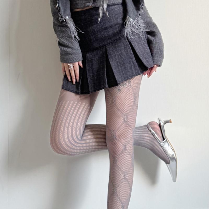 Womens Aesthetic Hollowout Fishnet Mesh Tights Stockings Asymmetrical Argyle Floral Heart Lace Patterned Sheer Pantyhose